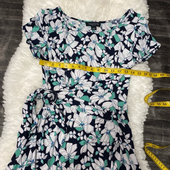 PERCEPTIONS FLORAL DRESS NAVY WHITE GREEN TIE WAIST SPRING BOHO COTTAGECORE - Picture 5 of 10